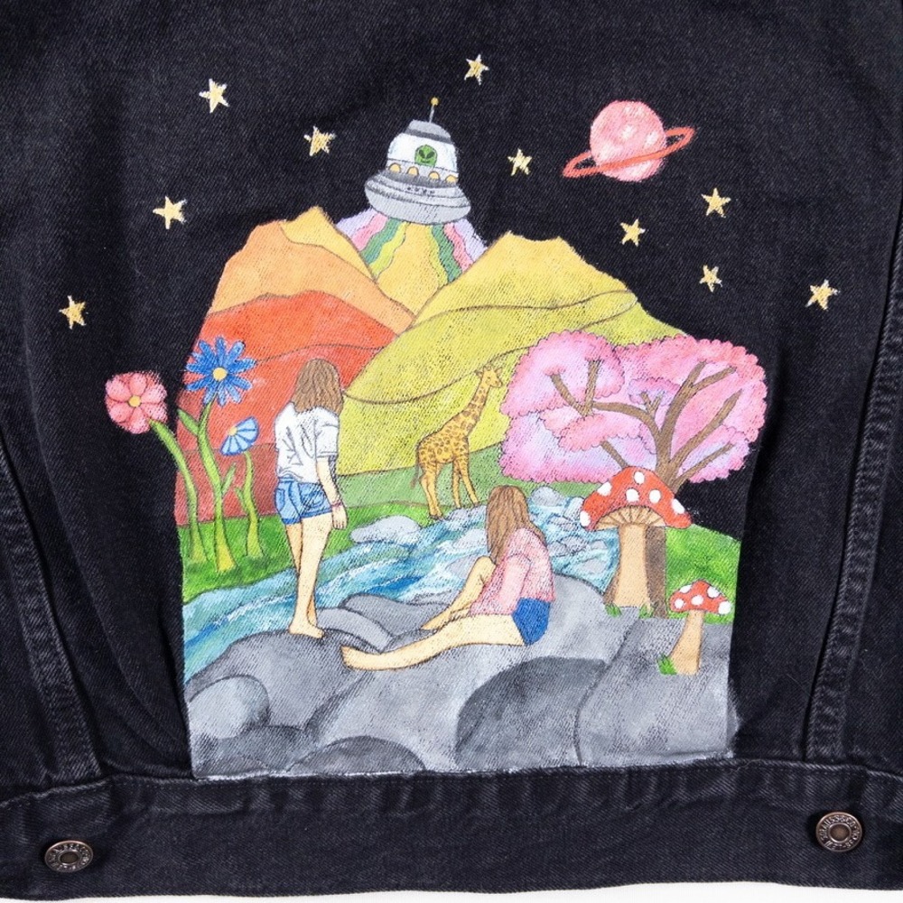 Levis Denim Jacket Womens M Black Custom Painted‎ Alien Mushroom Nature Pride - Picture 6 of 9